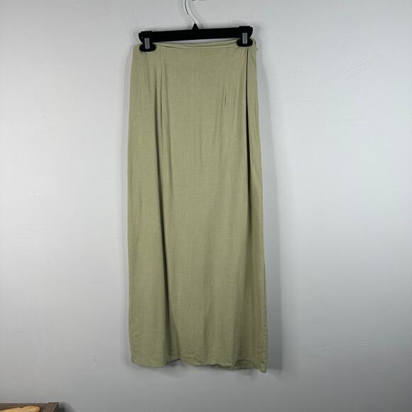 Stradivarius Green Linen Blend Asymmetrical Light Green Midi Skirt - Picture 8 of 9
